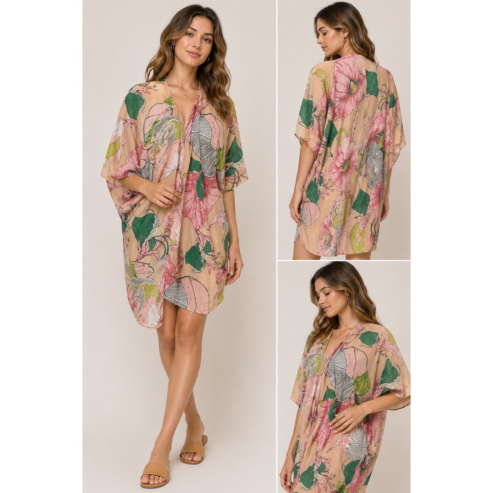 Umgee Semi Sheer Floral Hibiscus Beach Kimono Cover-Up Size S/M